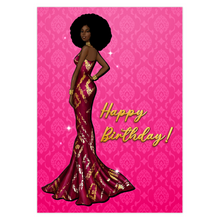 Load image into Gallery viewer, Pink Card - Red &amp; Gold Gown - Glam Birthday Girl - African American Woman - Happy Birthday Card Shop - Afro Hairstyle