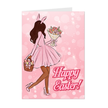 Load image into Gallery viewer, Pink Dress, Easter Basket &amp; Flower Bouquet - African American Woman - Bunny Ears - Black Card Shop