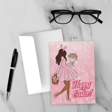 Load image into Gallery viewer, Pink Dress, Easter Basket &amp; Flower Bouquet - African American Woman - Bunny Ears - Black Card Shop