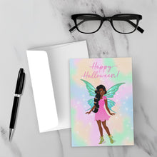 Load image into Gallery viewer, Pink Fairy Costume - African American Girl - Happy Halloween Cards - Front (With Background)