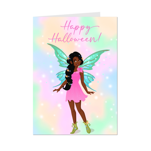 Pink Fairy Costume - African American Girl - Happy Halloween Cards