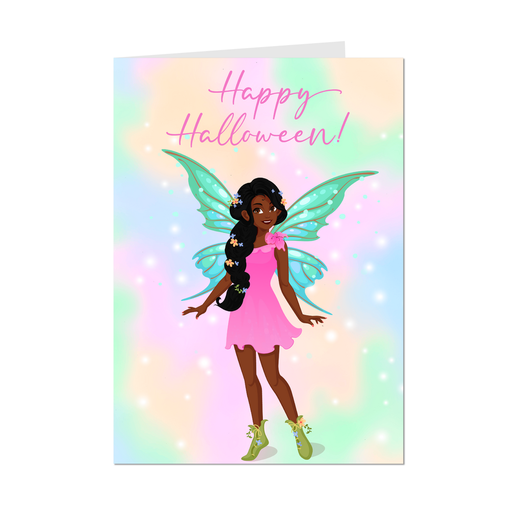 Pink Fairy Costume - African American Girl - Happy Halloween Cards