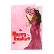 Load image into Gallery viewer, Pink Gown, Butterflies &amp; Flower Bouquet - African American Woman - Bunny Ears - Black Card Shop - Glam Cards