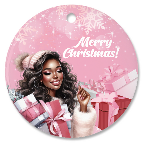 Pink, Snowflakes & Gifts - African American Woman - Porcelain Christmas Ornaments