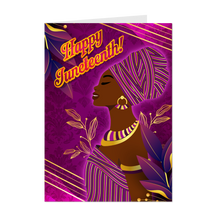 Load image into Gallery viewer, Purple &amp; Gold - Turban Glam - Smiling African American Woman - Happy Juneteenth Greeting Card