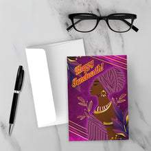Load image into Gallery viewer, Purple &amp; Gold - Turban Glam - Smiling African American Woman - Happy Juneteenth Greeting Card