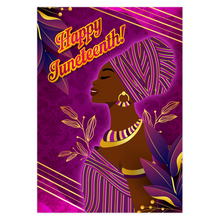 Load image into Gallery viewer, Purple &amp; Gold - Turban Glam - Smiling African American Woman - Happy Juneteenth Greeting Card