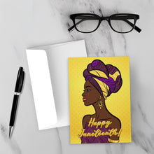 Load image into Gallery viewer, Purple &amp; Gold Smile - Turban Glam - African American Woman - Happy Juneteenth Greeting Card