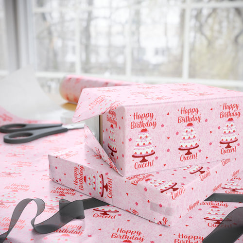 Queen Heart Strawberry Cake - Pink Happy Birthday Gift Wrap Paper Roll - Wrapped Gifts