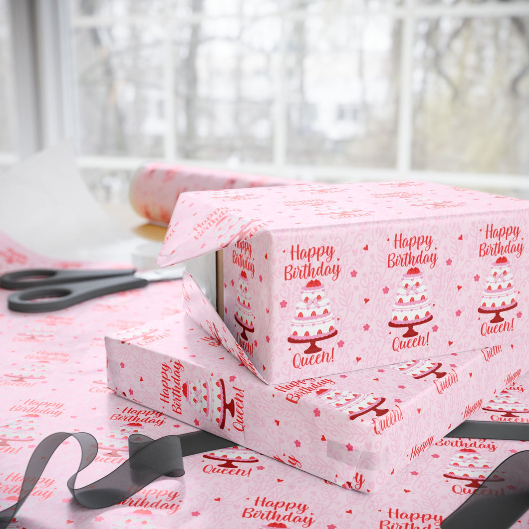 Queen Heart Strawberry Cake - Pink Happy Birthday Gift Wrap Paper Roll - Wrapped Gifts