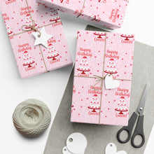 Load image into Gallery viewer, Queen Heart Strawberry Cake - Pink Happy Birthday Gift Wrap Paper Roll - Wrapped Gifts Sample Photo