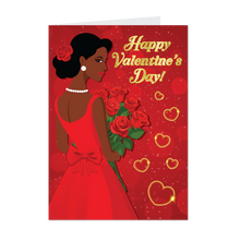 Load image into Gallery viewer, Red Dress &amp; Bouquet of Roses - African American Woman - Valentine's Day Cards front