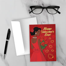 Load image into Gallery viewer, Red Dress &amp; Bouquet of Roses - African American Woman - Valentine's Day Cards mock up