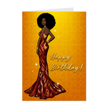 Load image into Gallery viewer, Red &amp; Gold Gown - Glam Birthday Girl - African American Woman - Happy Birthday Card Shop - Afro Hairstyle