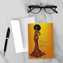 Load image into Gallery viewer, Red &amp; Gold Gown - Glam Birthday Girl - African American Woman - Happy Birthday Card Shop - Afro Hairstyle