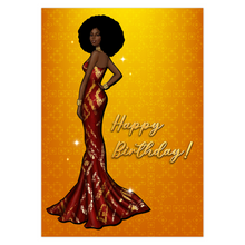 Load image into Gallery viewer, Red &amp; Gold Gown - Glam Birthday Girl - African American Woman - Happy Birthday Card Shop - Afro Hairstyle