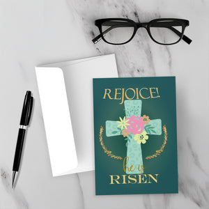 Rejoice He is Risen - Flowers & Cross - Easter Greeting Cards Front with Sample Background