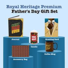 Load image into Gallery viewer, Royal Heritage Premium: Greeting Card + Coffee Mug + Hardcover Journal + Scented Candle + Accessory Bag — African American Father's Day Gift Set