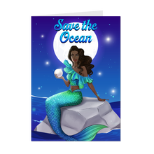 Load image into Gallery viewer, Save the Ocean - Black Mermaid Holding Pearl - Nighttime - Afrocentric Greeting Card Shop