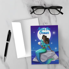 Load image into Gallery viewer, Save the Ocean - Black Mermaid Holding Pearl - Nighttime - Afrocentric Greeting Card Shop