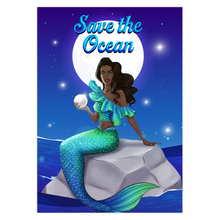 Load image into Gallery viewer, Save the Ocean - Black Mermaid Holding Pearl - Nighttime - Afrocentric Greeting Card Shop