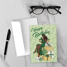Load image into Gallery viewer, Seeing Green - African American Woman - Happy Birthday Greeting Cards - Stack of Gifts mockup