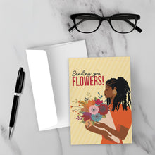 Load image into Gallery viewer, Sending You Flowers - Stylish Black Woman - Black Card Shop - Front with background