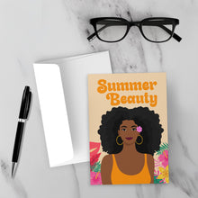 Load image into Gallery viewer, She&#39;s A Summer Beauty - African American Woman - Black Card Shop - Front (With Background)