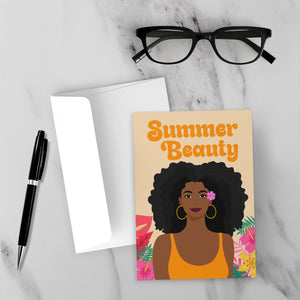 She's A Summer Beauty - African American Woman - Black Card Shop - Front (With Background)