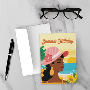 She's Glowing - African American Woman - Summer Birthday Greeting Cards - Front with Background
