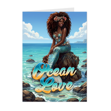 Load image into Gallery viewer, Smiling African American American Mermaid - Ocean Love - Happy World Earth Day Greeting Card - Big Textured Hairstyle