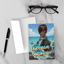 Load image into Gallery viewer, Smiling African American American Mermaid - Ocean Love - Happy World Earth Day Greeting Card - Big Textured Hairstyle