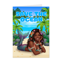 Load image into Gallery viewer, Smiling Black Mermaid - Beach Glam - Save the Ocean - Happy World Earth Day Greeting Card - African American Greeting Cards