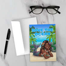 Load image into Gallery viewer, Smiling Black Mermaid - Beach Glam - Save the Ocean - Happy World Earth Day Greeting Card - African American Greeting Cards