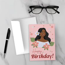 Load image into Gallery viewer, Smiling Floral Birthday Girl - African American Woman - Black Card Shop - Front - With Background
