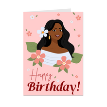 Load image into Gallery viewer, Smiling Floral Birthday Girl - African American Woman - Black Card Shop - Front