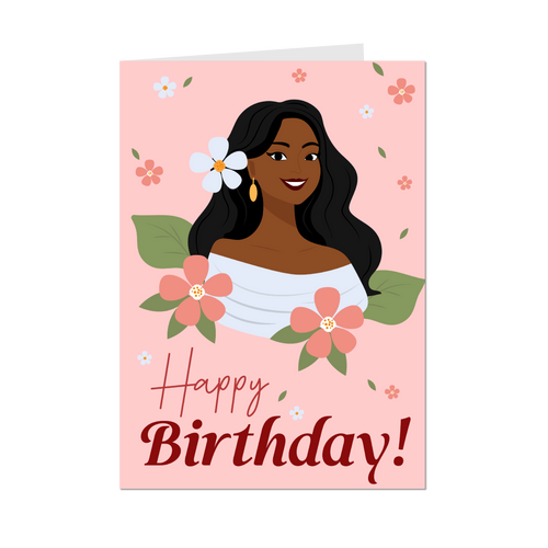 Smiling Floral Birthday Girl - African American Woman - Black Card Shop - Front