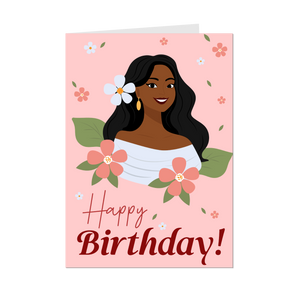 Smiling Floral Birthday Girl - African American Woman - Black Card Shop - Front