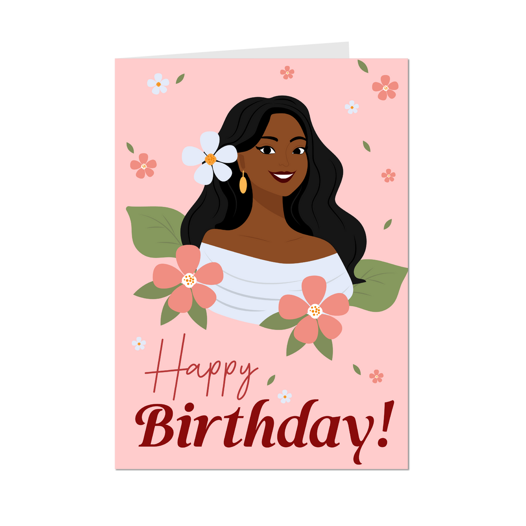 Smiling Floral Birthday Girl - African American Woman - Black Card Shop - Front