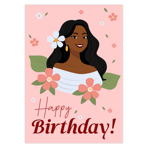Smiling Floral Birthday Girl - African American Woman - Black Card Shop - Front Image