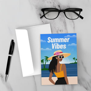 Strike A Pose Summer Vibes - African American Woman - Black Card Shop - Front (with Background)