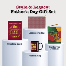 Load image into Gallery viewer, Style &amp; Legacy 4-Piece Gift Set: Greeting Card + Coffee Mug + Hardcover Journal + Accessory Bag — African American Father's Day Gift Set
