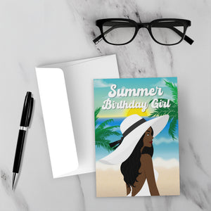 Summer Birthday Bliss - African American Woman - Happy Birthday Cards - Front (With Background)