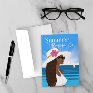 Summer Birthday Boat Day - African American Woman - Happy Birthday Cards - Front (With Background)