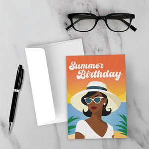 Summer Birthday Sunset - African American Woman - Happy Birthday Cards - Front (With Background)