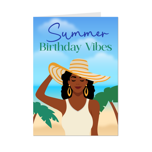 Sun Hat Summer Birthday Vibes - African American Woman - Black Card Shop - Front