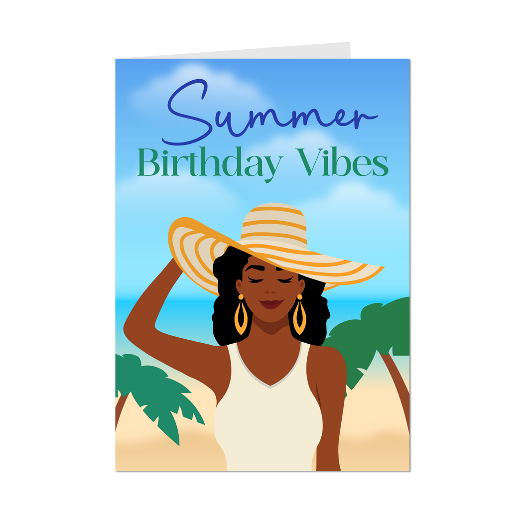 Sun Hat Summer Birthday Vibes - African American Woman - Black Card Shop - Front