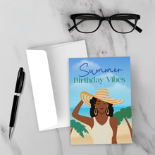 Load image into Gallery viewer, Sun Hat Summer Birthday Vibes - African American Woman - Black Card Shop - Front (With Background)