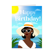 Load image into Gallery viewer, Sunglasses &amp; Summer Hat - African American Woman Happy Birthday Cards - Front