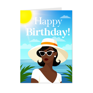 Sunglasses & Summer Hat - African American Woman Happy Birthday Cards - Front